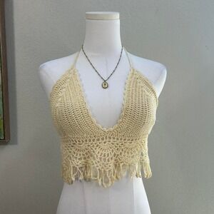 Gypsy Rose Cream‎ Crochet Fringe Halter Top - Size S/M